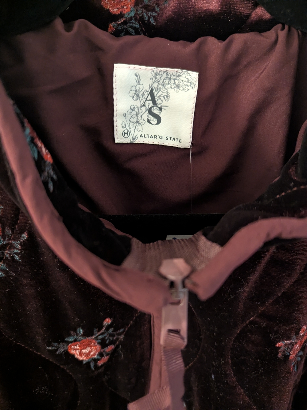 Altar'd State Burgundy Velvet Quilted Floral Jacket - Picture 6 of 8